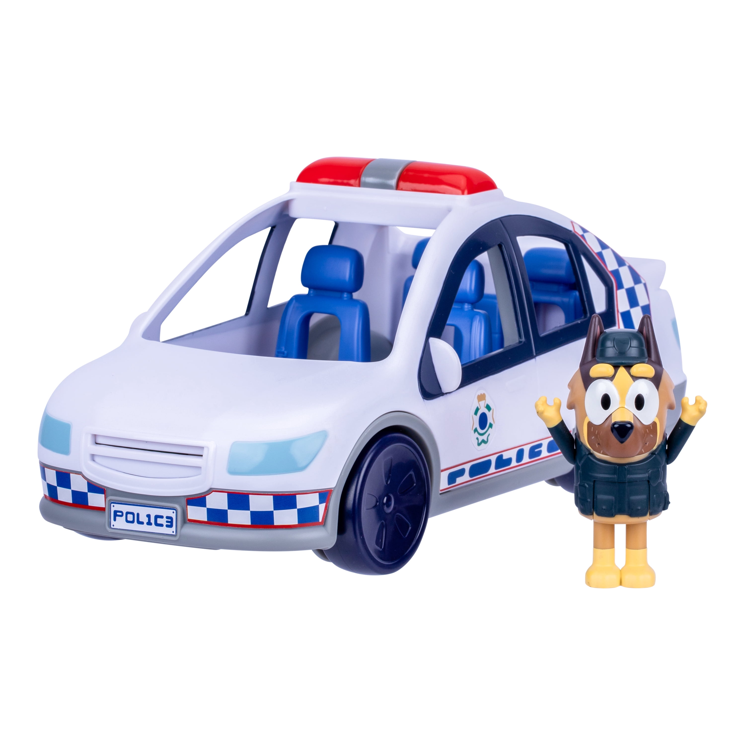 Bluey Police Car with Flashing Lights & Sounds, Policeman Figure, and Themed Sticker Set, from the Special Episode "The Sign". Batteries Incl. Ages 3+