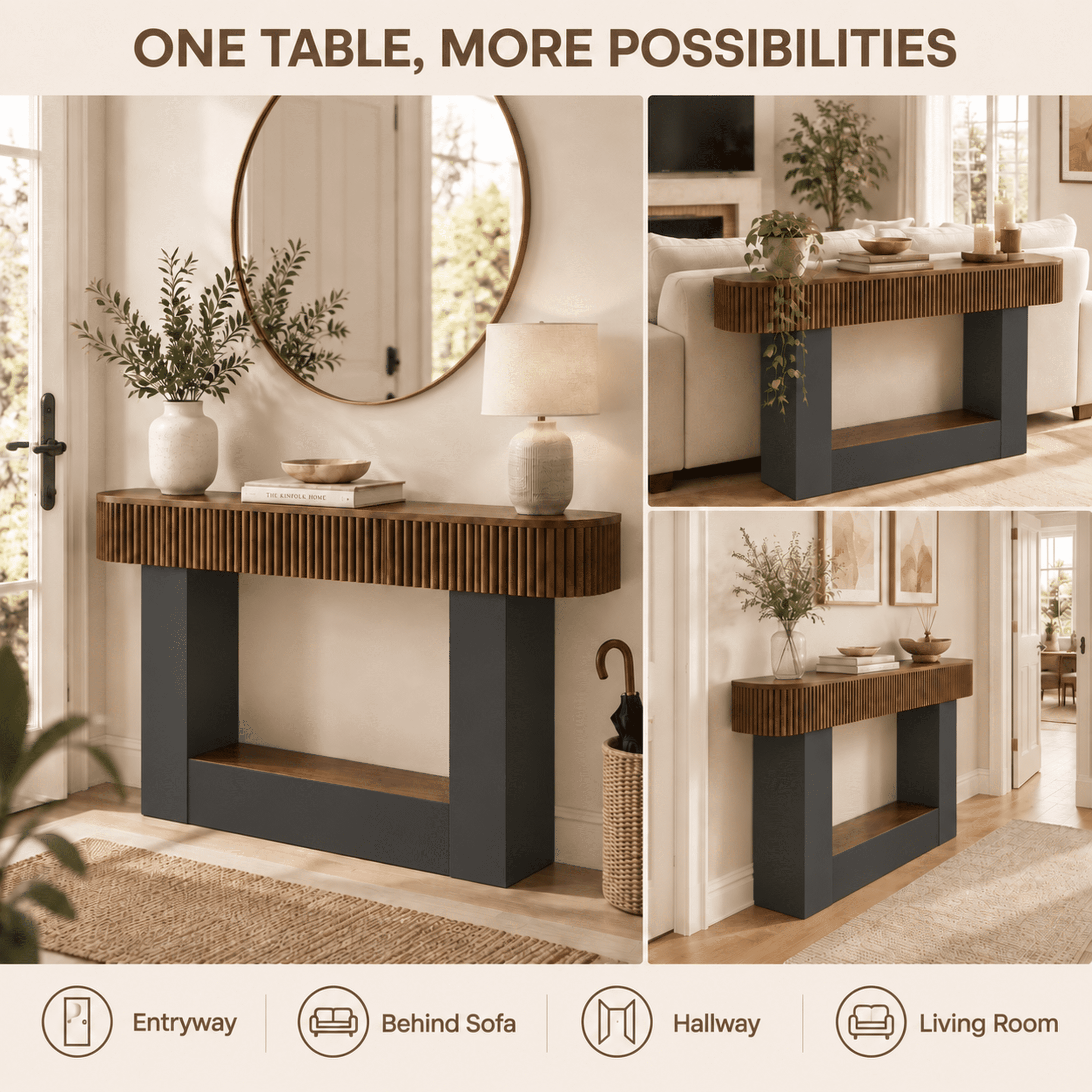 PORKISS 62.9" Console Table with Open Storage, Narrow Long Entryway Table with Rounded Edges, Fluted Sofa Table for Living Room, Hallway, Foyer, Behind Couch, Black + Brown