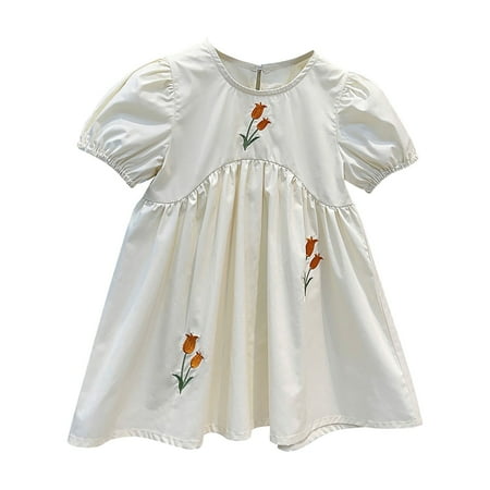 

HTGFGMGW Summer Dresses for Girls Toddler Girls Summer Cute Casual Collar Embroider Short Sleeve Dress with Puff Sleeves for 3 to 9 Years Dresses for Girls A