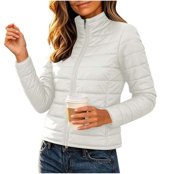 NominalSnug Womens Puffer Jacket Full Zip Long Sleeve Coat Stand Collar Lightweight Casual Outerwear With Zipper Pockets