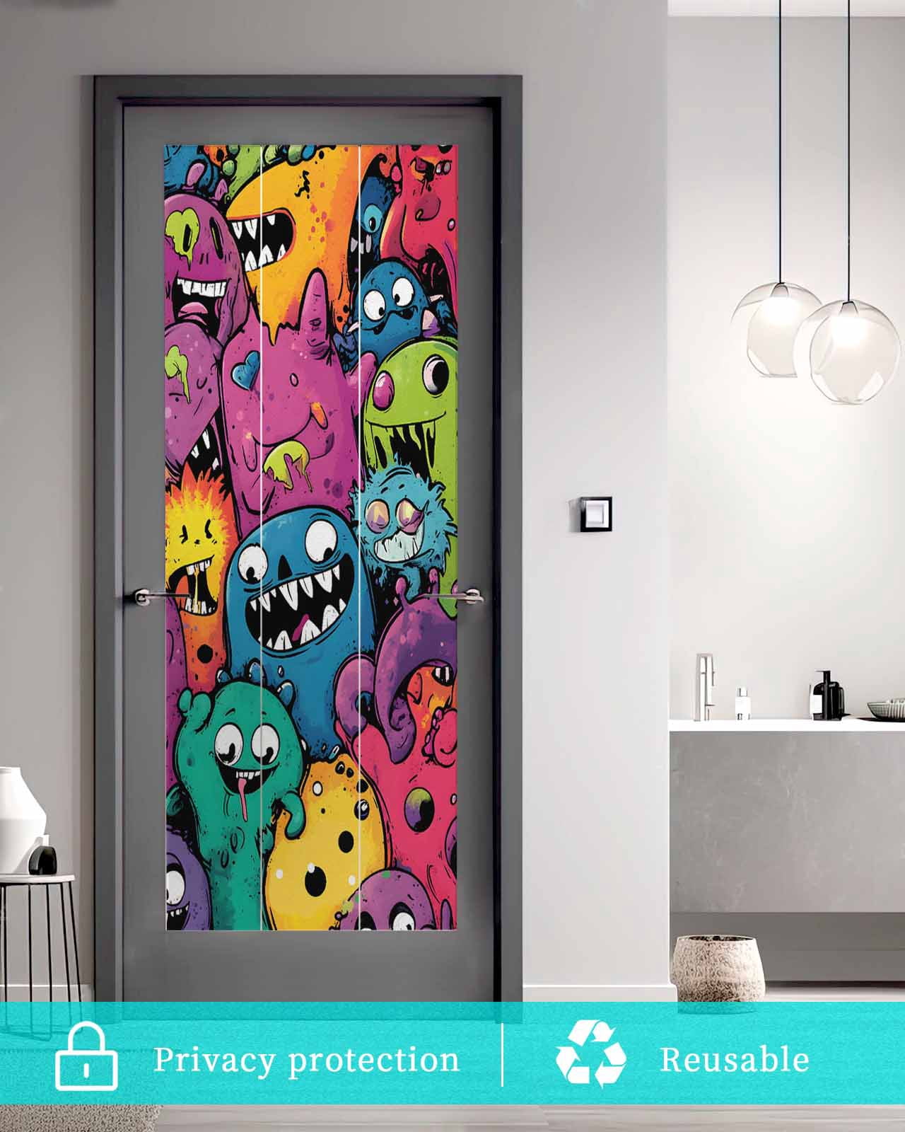 Window Privacy Film Colorful Cute Monsters Stained Glass Window Film Decorative Sun Block Window Cover Abstract Art Modern Window Clings Static Adhesive Sticker for Bathroom 23.6"x59"