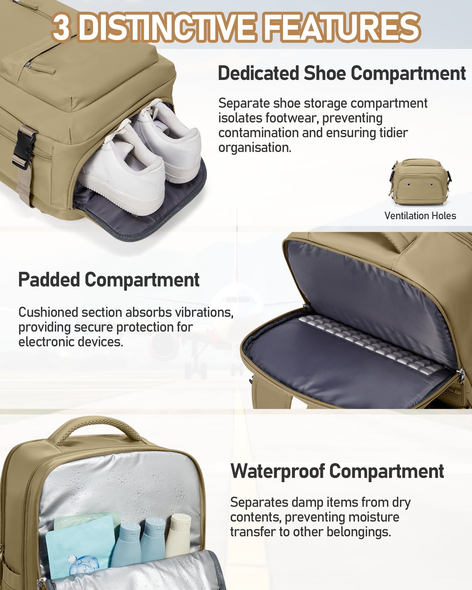 SYCNB Large Air Seal Travel Backpack for Men & Women, Airline Approved Vacuum Compression, Water-Resistant with Pump & Usb Port, 16 inch Laptop, Khaki