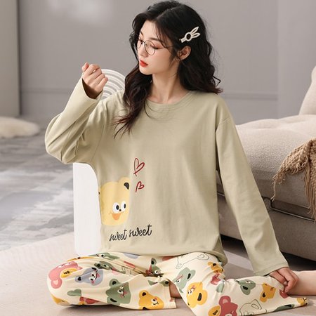 

PIKADINGNIS Women Sleepwear Suit Autumn Winter Womens Cotton Long Sleeve Pajamas Set Loose Adult Mother Nightwear Set Soft HomeWear Clothes