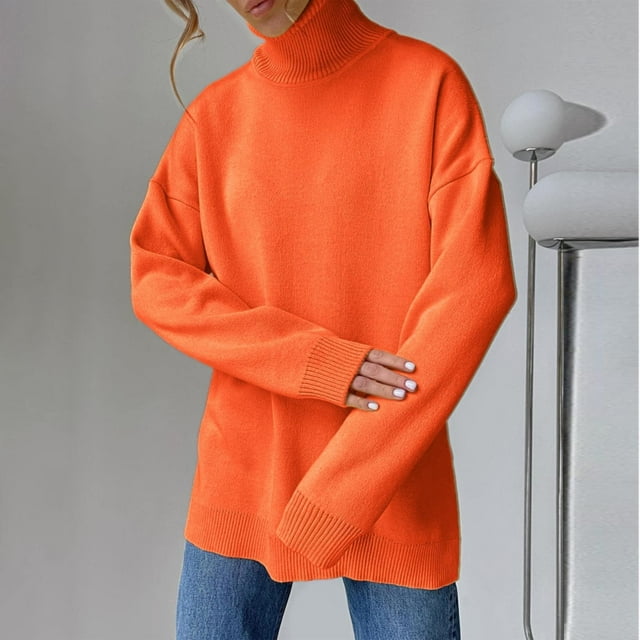 IMENGL Chandail Ample à Col Roulé en Tricot Automne Hiver, Orange G, Taille M-L