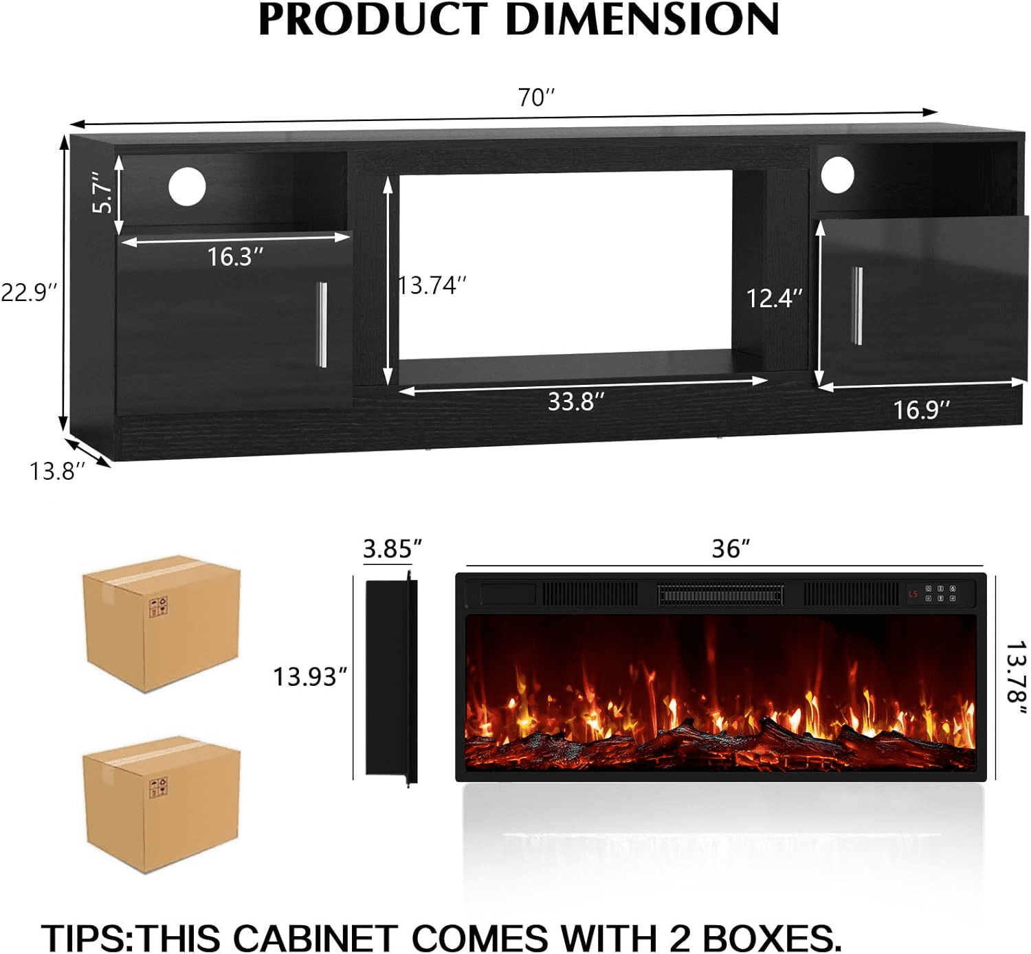 BOSSIN Fireplace TV Stand with 36 inch Fireplace Up to 80" TVs,LED Light Entertainment Center and Storage, 70" Modern Wood Media TV Console with Highlight Cabinet for Living Room
