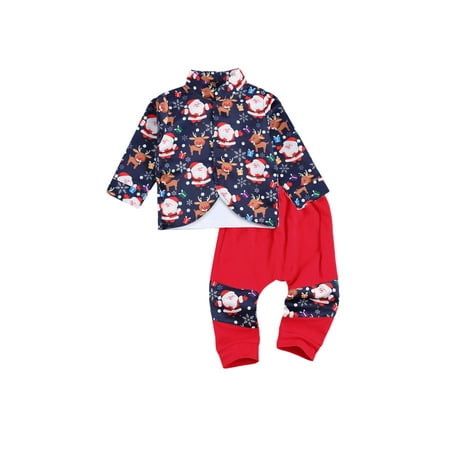 

BrilliantMe Gentleman Baby Boys Xmas Clothes Sets 3pcs Santa Claus Bow Pullover T Shirts+Single Breasted Jacket+Long Pants Red 6-12 Months
