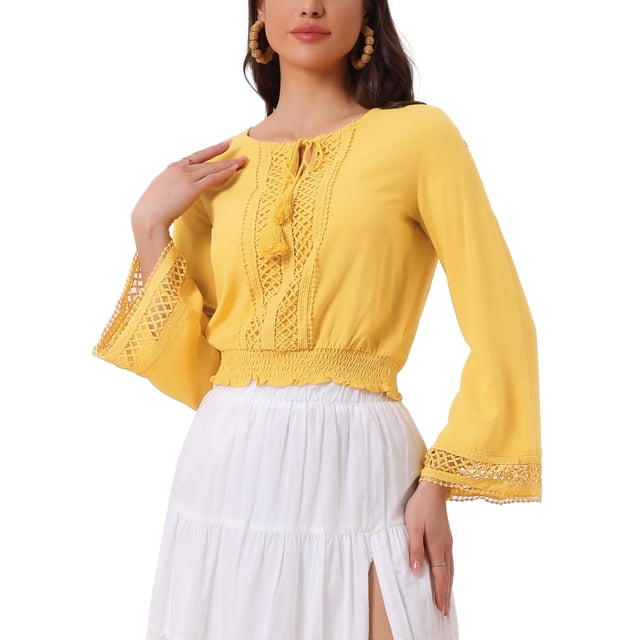 INSPIRAR CHIC Blusas de Mujer con Mangas de Campana de Encaje Bohemio con Cintura Fruncida Color Amarillo XS