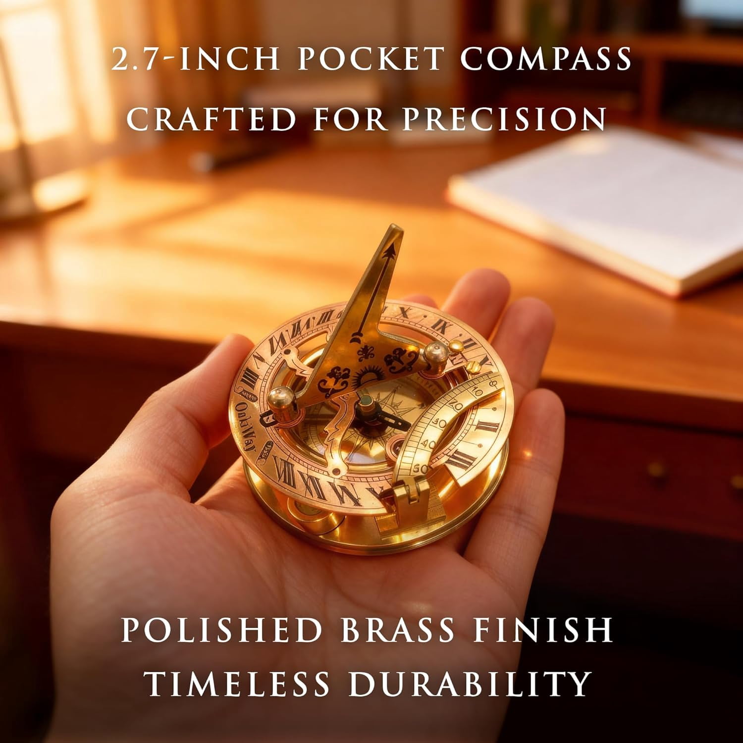 OakiWay Brass Sundial Compass in Leather Case - Nautical Gifts for Men, Antique Sailing Anniversary Gadget for Him, Pocket Watch Clock (2.7" Inch)