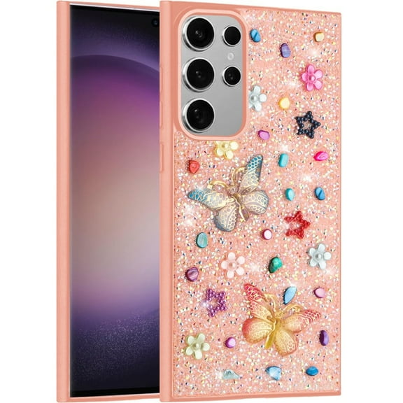 XPM for Samsung Galaxy S23 Ultra Phone Case, Diamond Butterfly 3D Glitter Bling Design, Slim Hybrid Sparkle Protective Cover TPU for Women Girls Cover for Galaxy S23 Ultra (Light Pink)