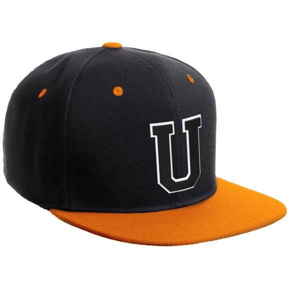 Daxton Classic Snapback Hat Custom A to Z Initial Varsity Letters, Black Orange Hat White Black Letter U