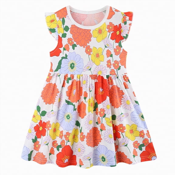 CAUYDY Toddler Girl Dress Baby Girls Summer Casual Short Sleeve Dresses Little Girl Floral Print Sundress Princess Dress for Kids 2T 3T 4T 5T 6T 7T 8T (Sizes 5-6 Years,D1-Yellow)