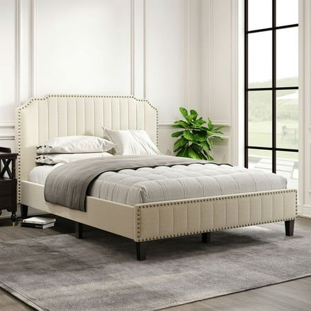 Queen Size Linen Curved Upholstered Platform Bed , Solid Wood Frame ...