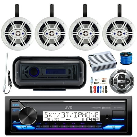 JVC KD-X38MBS Single DIN Marine Bluetooth AM/FM Stereo Receiver Wired Remote Radio Cover 4-Channel Amplifier w/Kit 4x 6.5 240W 4-Way Outdoor Speakers (White) 4x 6.5 Speaker Pods Wire Antenna