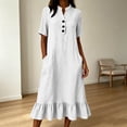 thumbnail image 6 of Husipze Womens Summer Cotton Linen Midi Dress Elbow Length Sleeve Button Front V Neck Casual Loose Dress with Pockets White S, 6 of 8