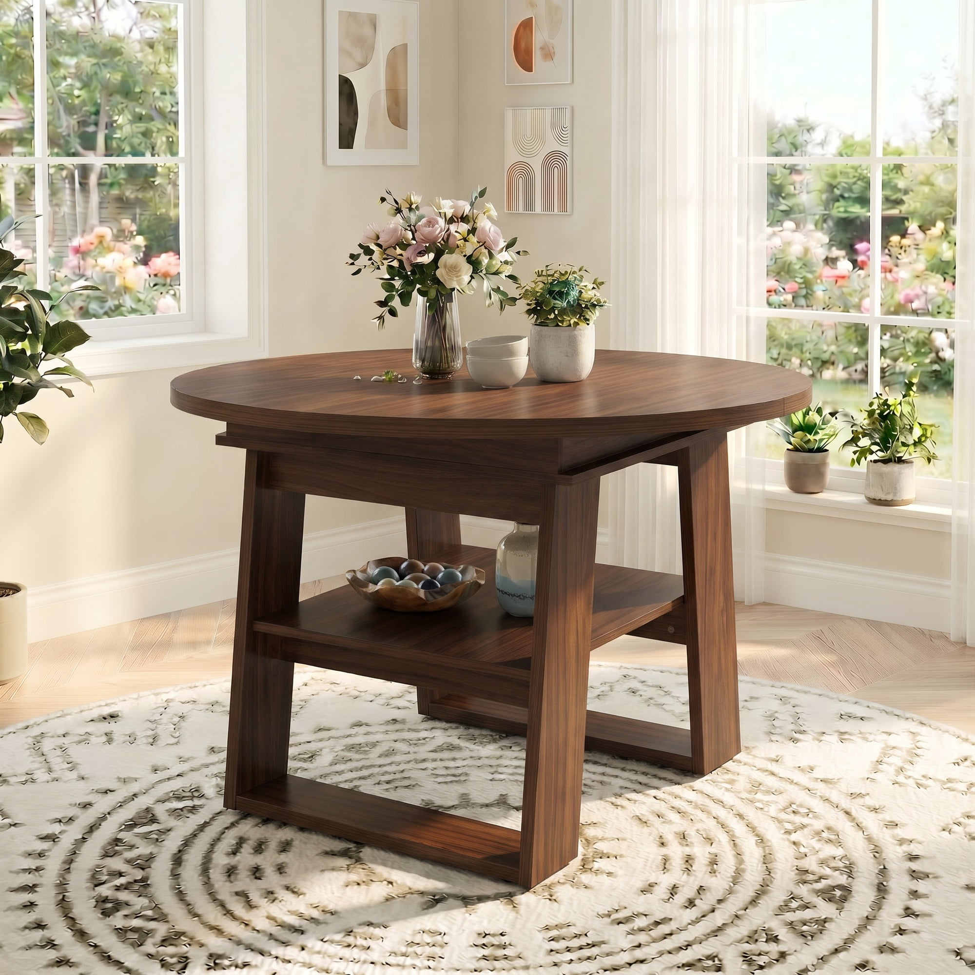 Leumius Extendable Dining Table for 4-6,Round-to-Oval Kitchen Table with Built-In Flip-Up Extension Leaf,Wooden Kitchen Table with Stable H-Shaped Base and Storage Shelf,Walnut