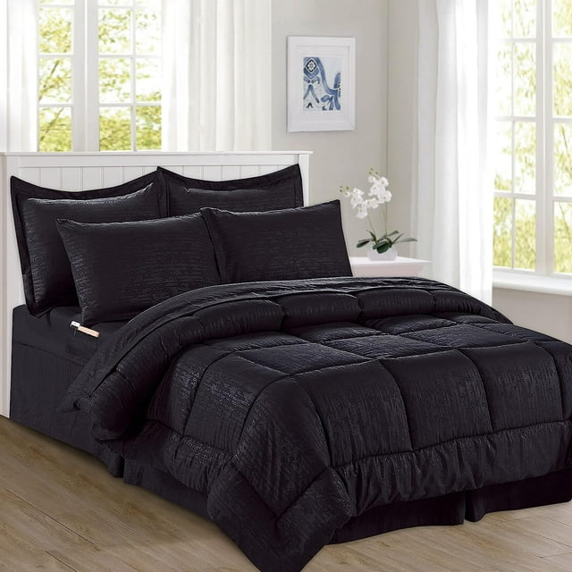 Mocassi Ensemble de Literie Confortable et Doux de 8 Pièces - Comprend Couette, Ensemble de Draps Intelligents, Jupe de Lit, Taies d'Oreiller et Impostes Assorties, Conception en Bambou, Très Grand / Californie, Ensemble de Couette Noir