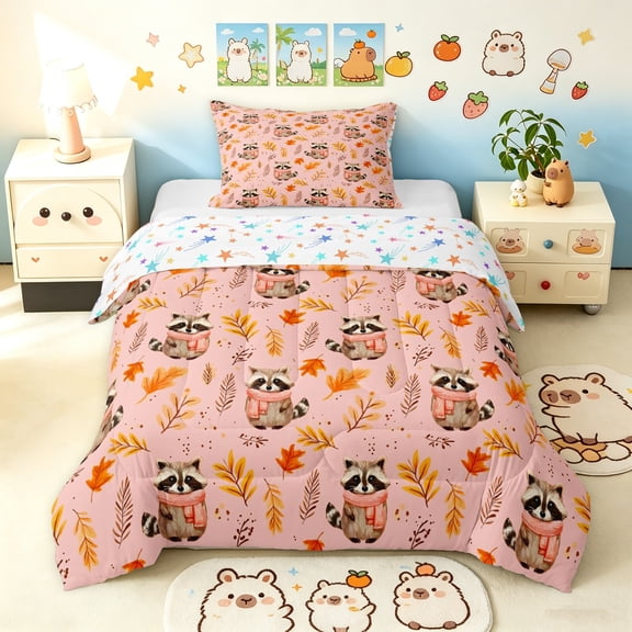 Manfei Autumn Raccoon Twin Comforter Sets, Kawaii Fall Leaf Bedding Set, Pink Peach, Colorful Stars Reversible, 2pcs, 1 Comforter and 1 Pillowcase