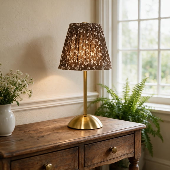 Sterling & Noble Home Brown Floral Rechargeable Table Lamp 11.89in, Cordless Dimmable LED Touch Lamp with Pleated Shade(Brown Floral)