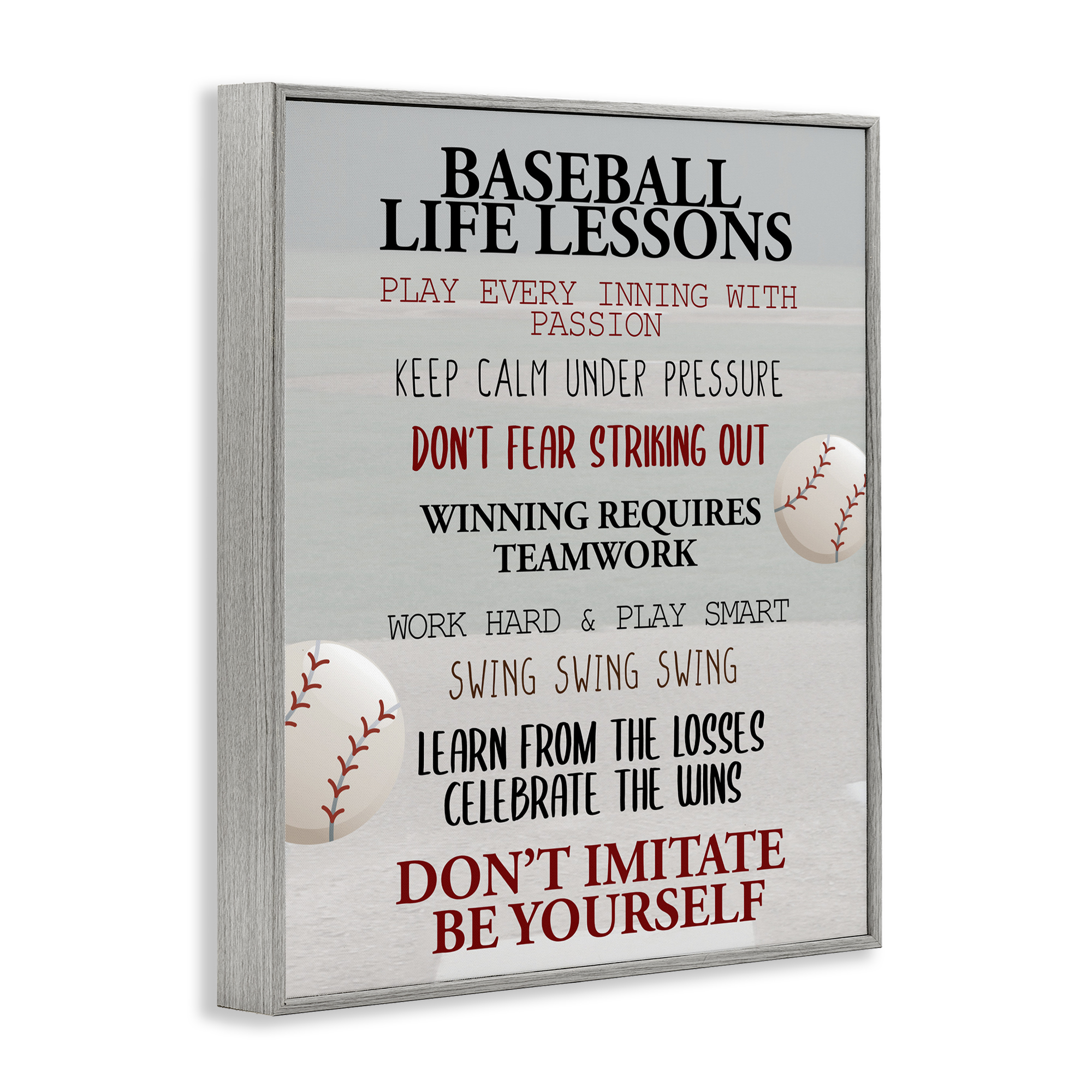 Baseball Life Lessons Gray Framed Giclee Art, design by Kim Allen