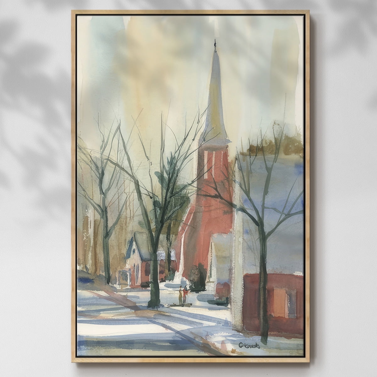 New England Main Street - Framed Gallery Wrapped Holiday Canvas - 17 x 25 - Natural Wood Frame
