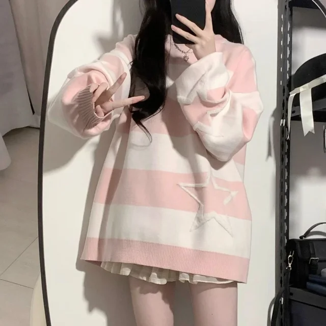 Suéteres de estrellas de colores contrastantes japoneses, moda grunge, ropa de calle que combina con todo, suéteres para mujer, jerséis holgados con estética Y2k para mujer