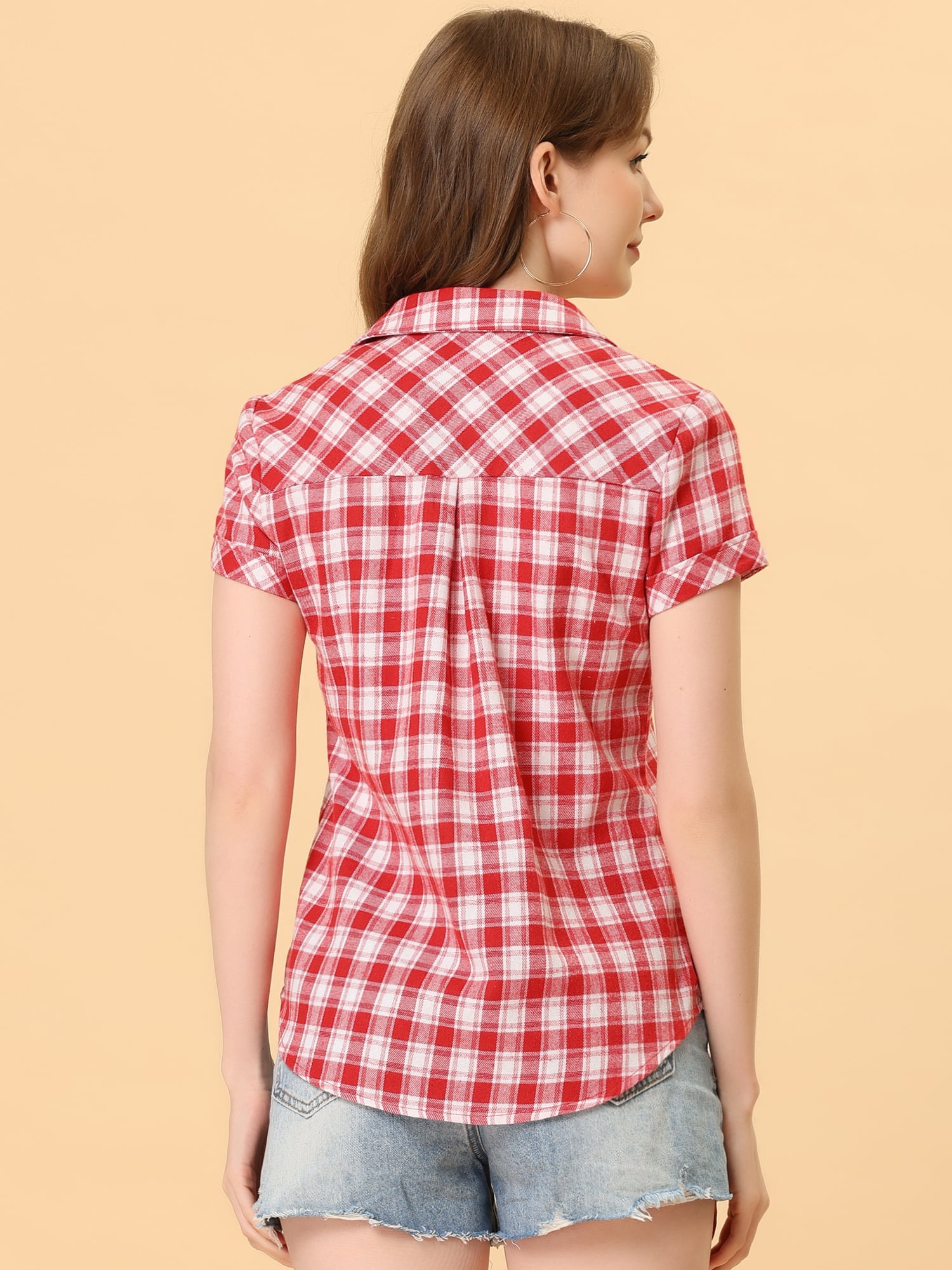 DARING DIVA Women's Casual Boyfriend Plaid Button Down Flannel Shirt M Red White
