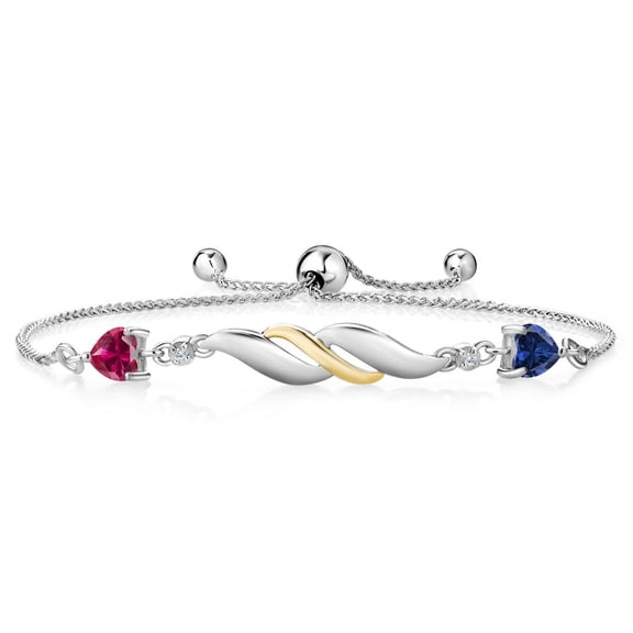 Gem Stone King 1.12 Ct Red Created Ruby Blue Created Sapphire and Lab Grown Diamond 925 Silver and 10K Yellow Gold Bracelet for Women