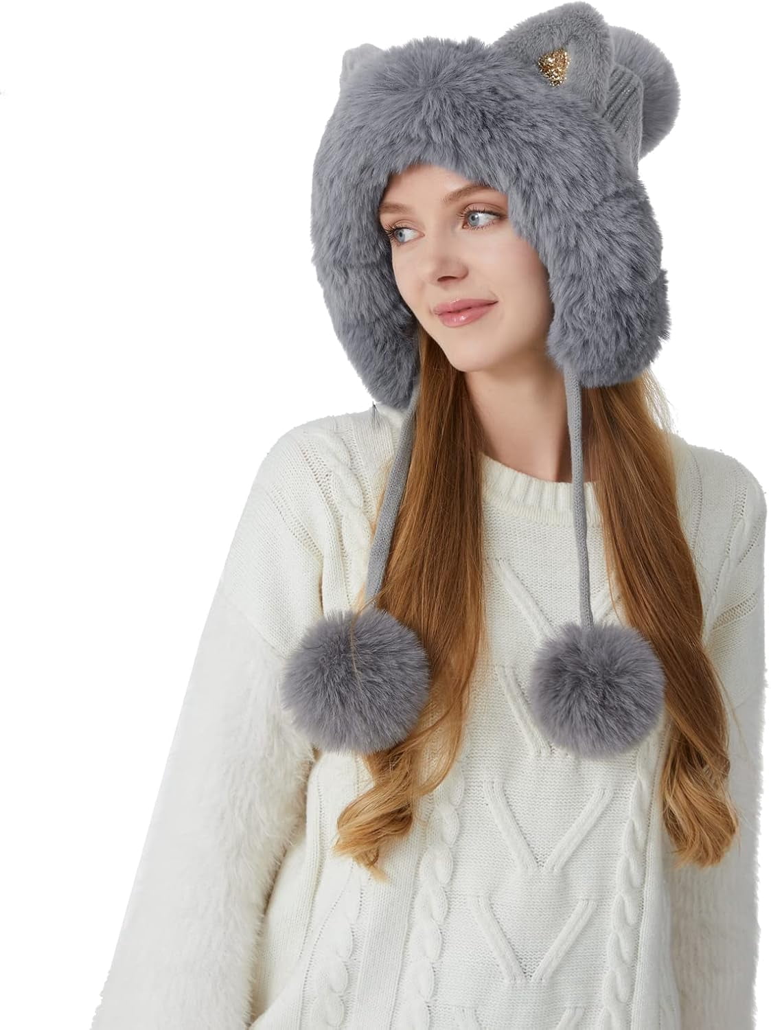 Women Winter Cover Ears Beanie Hat Ear Flaps Ski Snow Hats Knit Fleece Lined 3 Pom Pom