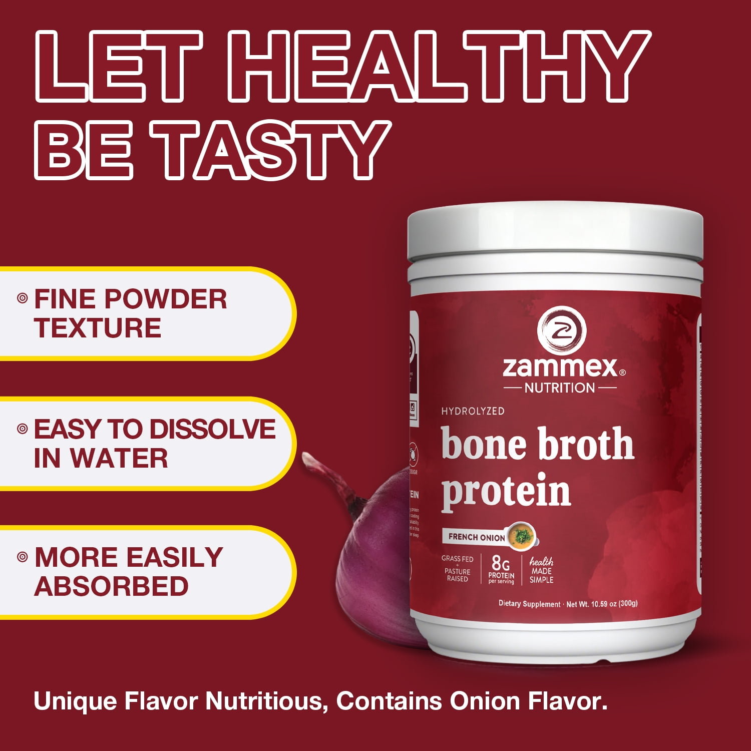 Zammex Bone Broth Protein Powder,Onion  Flavor 10.49 oz, Grass Fed Beef Bone Broth Protein Powder with Hydrolyzed Collagen Peptides, 30 Servings