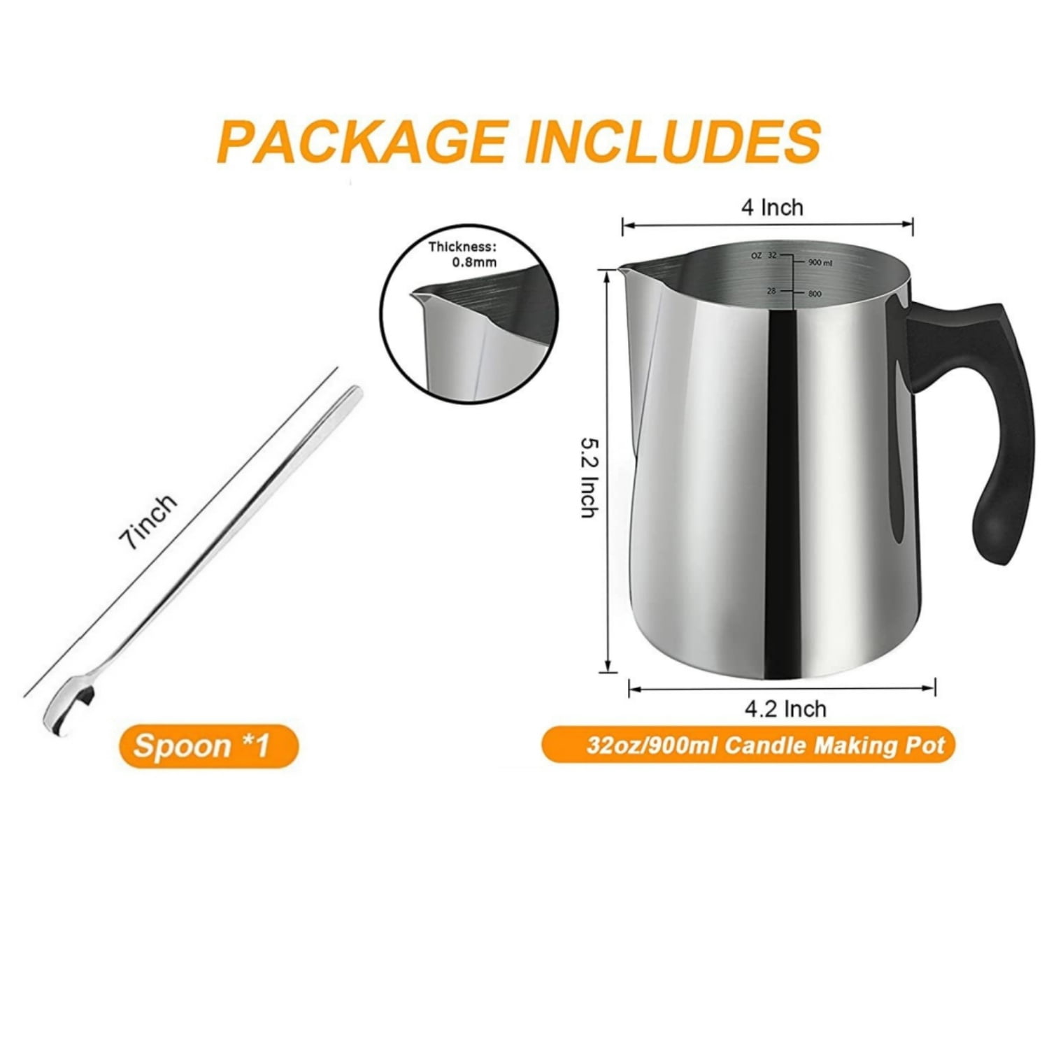 Candle Making Pouring Pot, Stainless Steel Wax Melting Pot 32oz with Heat-Resistant Handle and Drip-less Pouring Spout, Candle Making Pitcher with Stirring Spoon