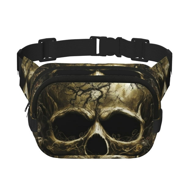 Fotbe Vintage Gold Leaf Skull Cangurera Cuadrada con Estampado de Doble Capa, Bolsa de Cintura Ajustable Mini para Hombres y Mujeres