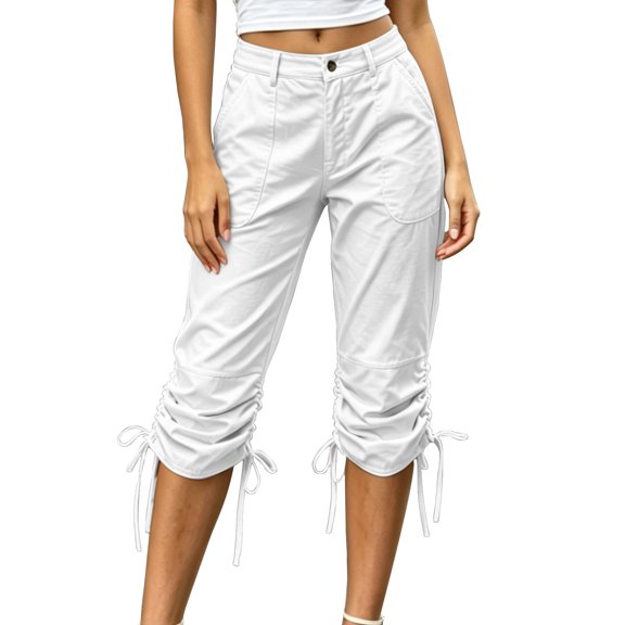 Women's Laceup Hem Cargo Capris Straight Leg Lightweight Summer Loose Streetwear Hiking Pants with Pockets