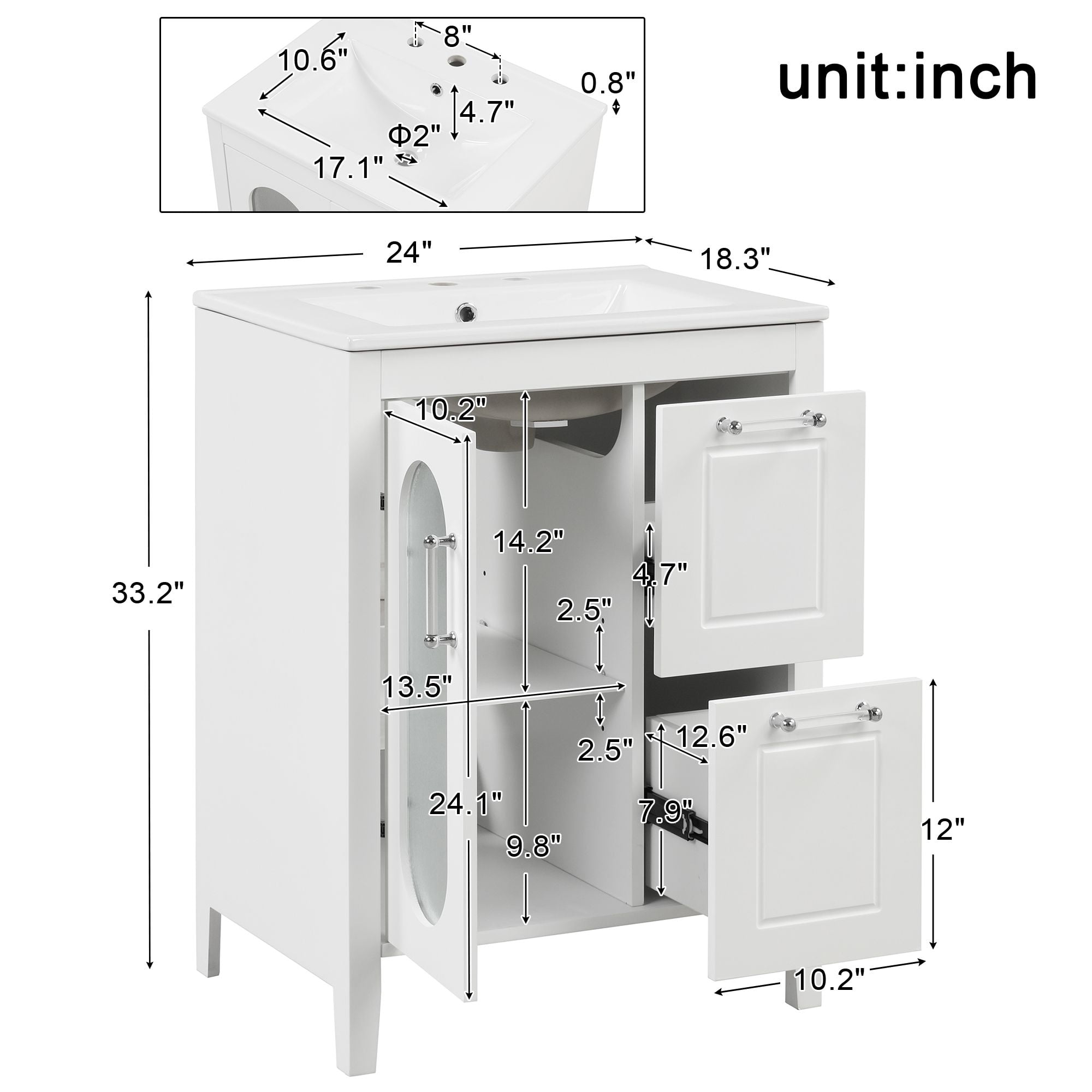 DEALTOPS Bathroom Vanity with Sink, Bathroom Vanity Storage Cabinet with Adjustable Shelf, White