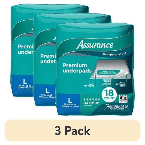 (3 pack) Assurance Unisex Premium Underpad for Adults, L , Maximum Absorbency (18 Count)