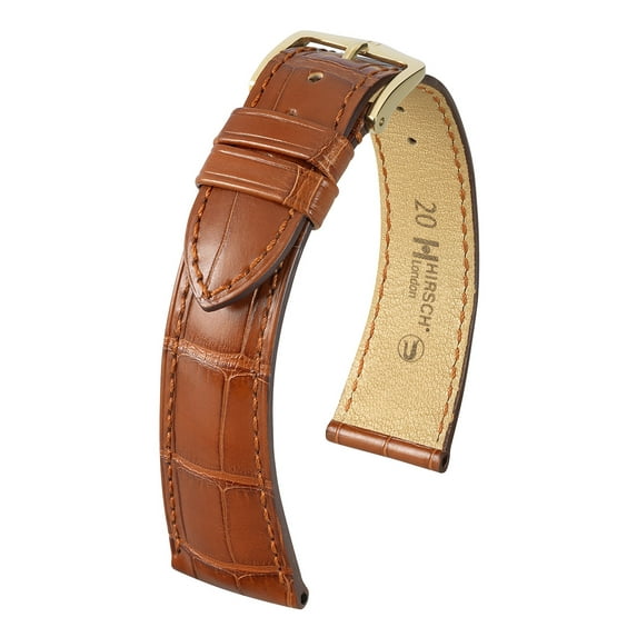Hirsch London Alligator Watch Strap - Golden Brown - M - 16mm / 14mm - Shiny Gold Buckle - Alligator Leather Band