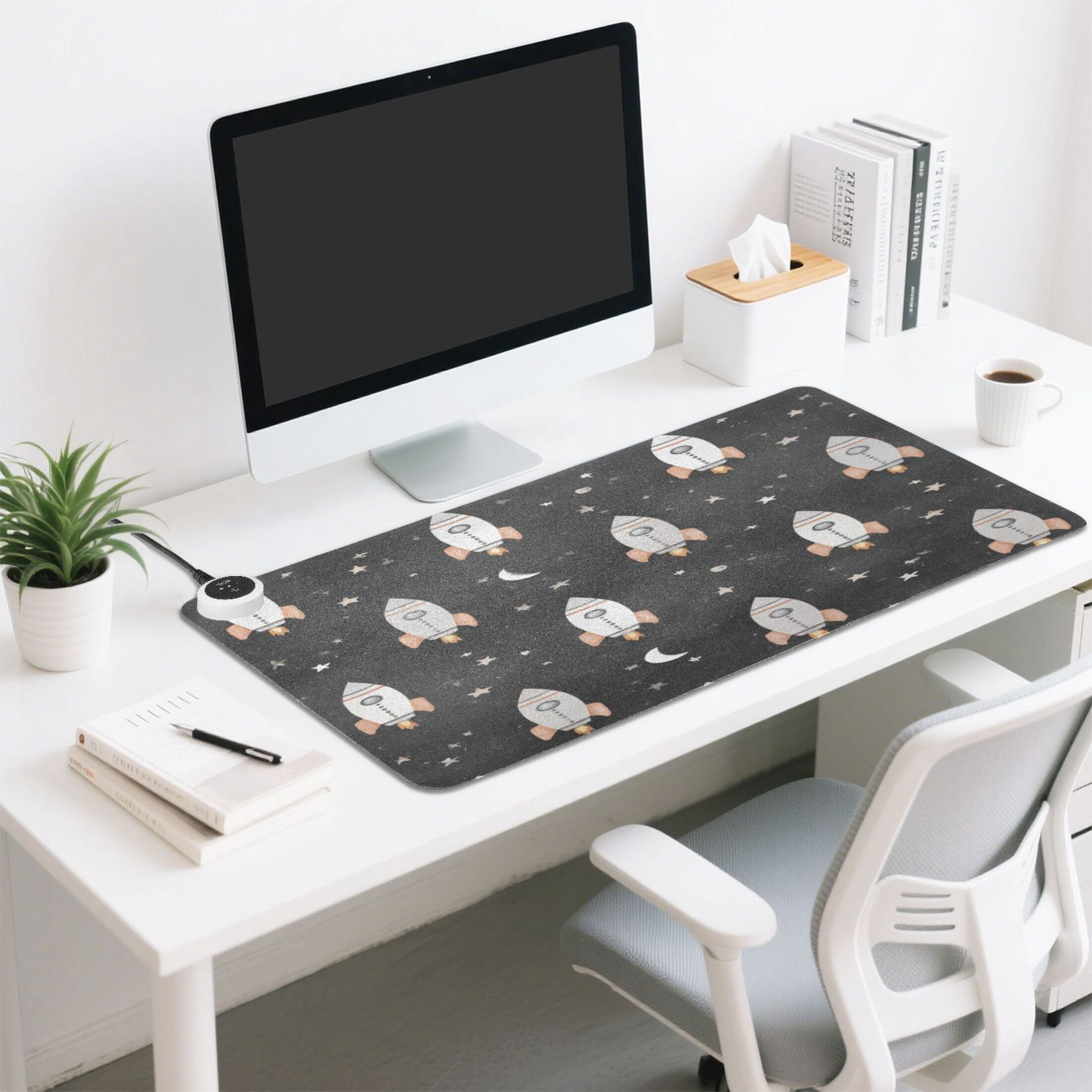 Large Heated Desk Mat Mouse Pad 31.5"x13"PU Leather Graphene Heating Desk Warmer with 3 Temperature Settings 110V US Plug Non-Slip Warm Pad for Home, Office, and Gaming Black Space Rocket Pattern