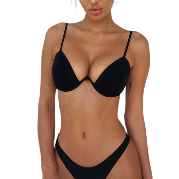 vera natura Women´s Swimsuit Push-up Padded Bikini Sets Solid Color Low Waist Swimwear Biquini Bathing Suit Beachwear Black S