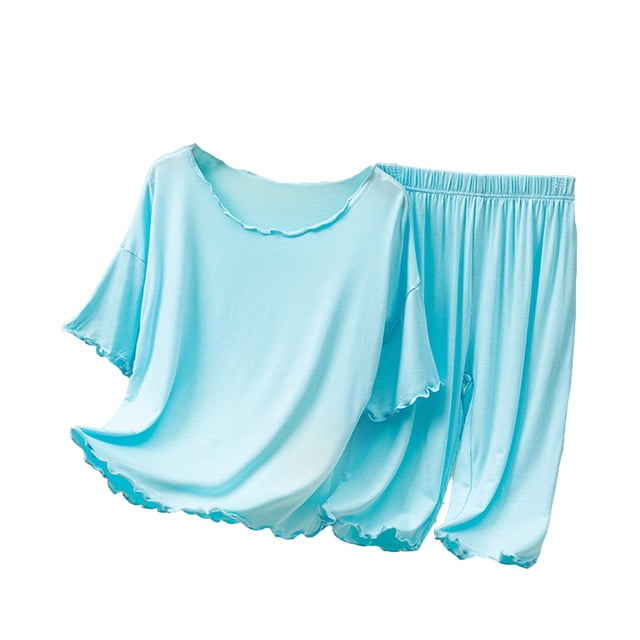 MEZZALL Ensemble d'Été pour Enfant à Manches Courtes avec Pantalon, Ample, Garçons Filles, Pyjama Fin Uni, Col Rond, Tenue d'Intérieur pour Enfants, Mignon Vêtement de Détente pour Tout-Petit, Bleu, 6-7 Ans