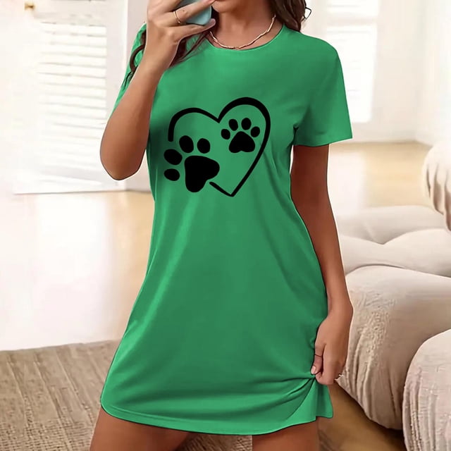 Weiqiqre Vêtements de Nuit pour Femmes Imprimé Cœur Manches Courtes Col Rond Chemises de Nuit Nuisette Robe de Nuit