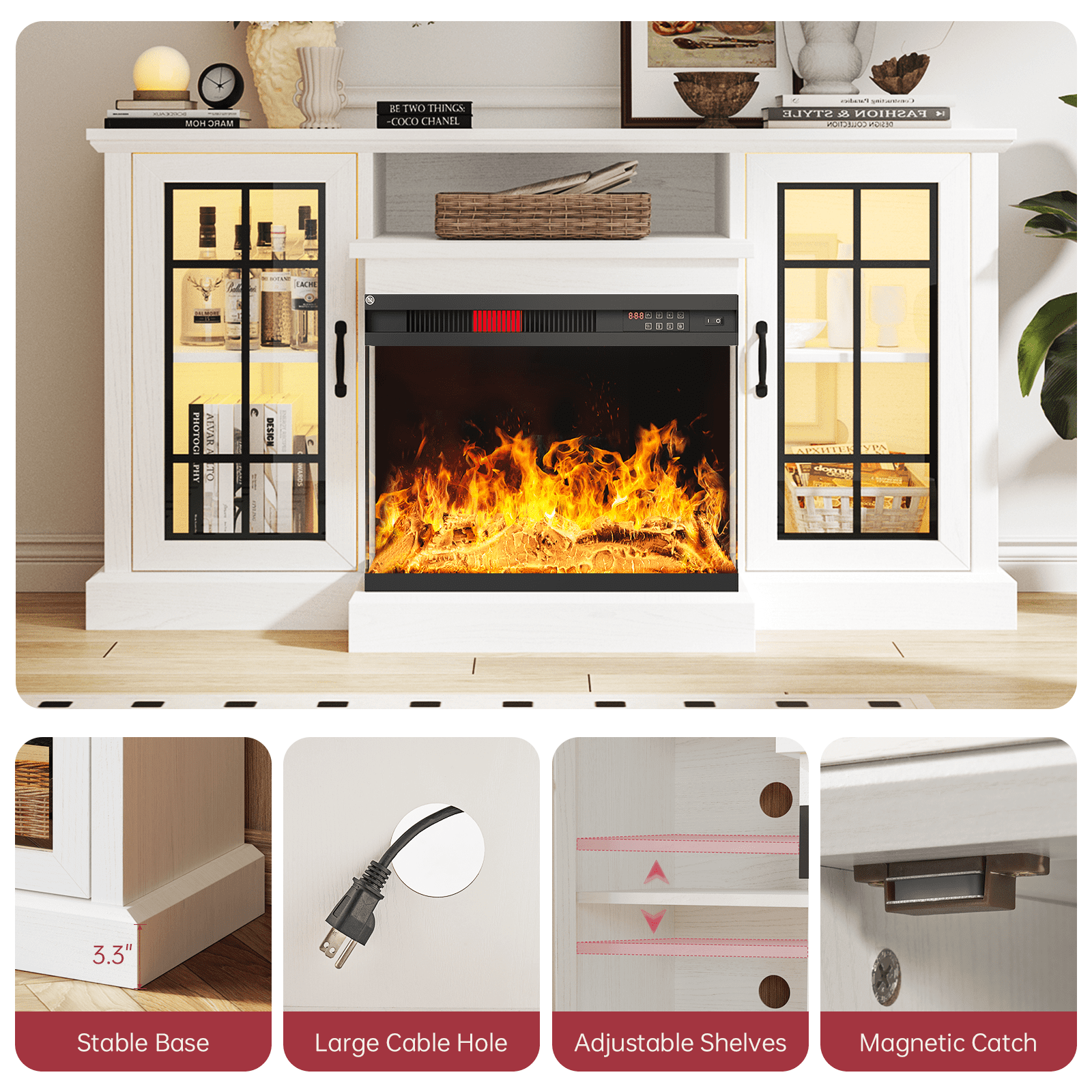 Easoger 59'' Fireplace TV Stand for TVs up to 65", 12 Flame Colors&12 LED Light Colors, TV Console with 3-Sided Glass Fireplace, for Living Room, White