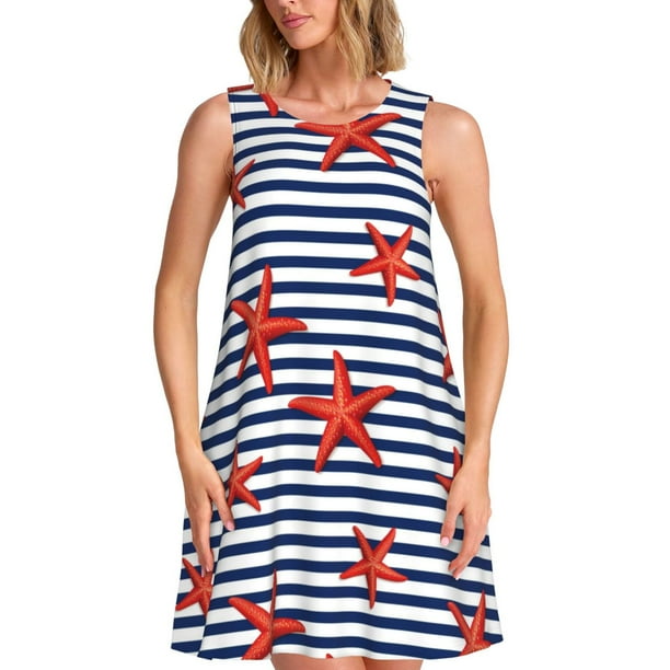 Fotbe Starfish Navy Blue Stripe Vestido de Verano sin Mangas para Mujer – Vestido Midi Línea A, Estilo Camiseta Floral, Vestido Playero Casual y Fluido