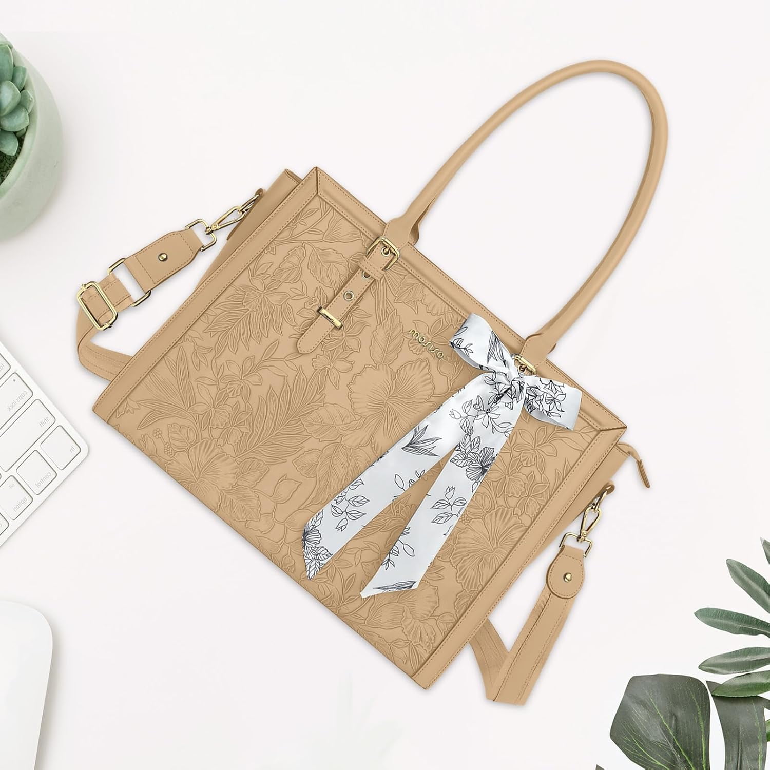 Mosiso Laptop Tote Bag for Women, 15.6-16 inch Waterproof PU Leather Travel Work Office Shoulder Messenger Handbag for MacBook Air Pro HP Dell Asus Acer Computer Satchel Bags, Apricot