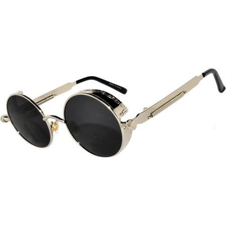 Steampunk Retro Gothic Vintage Silver Metal Round Circle Frame Sunglasses Smoke