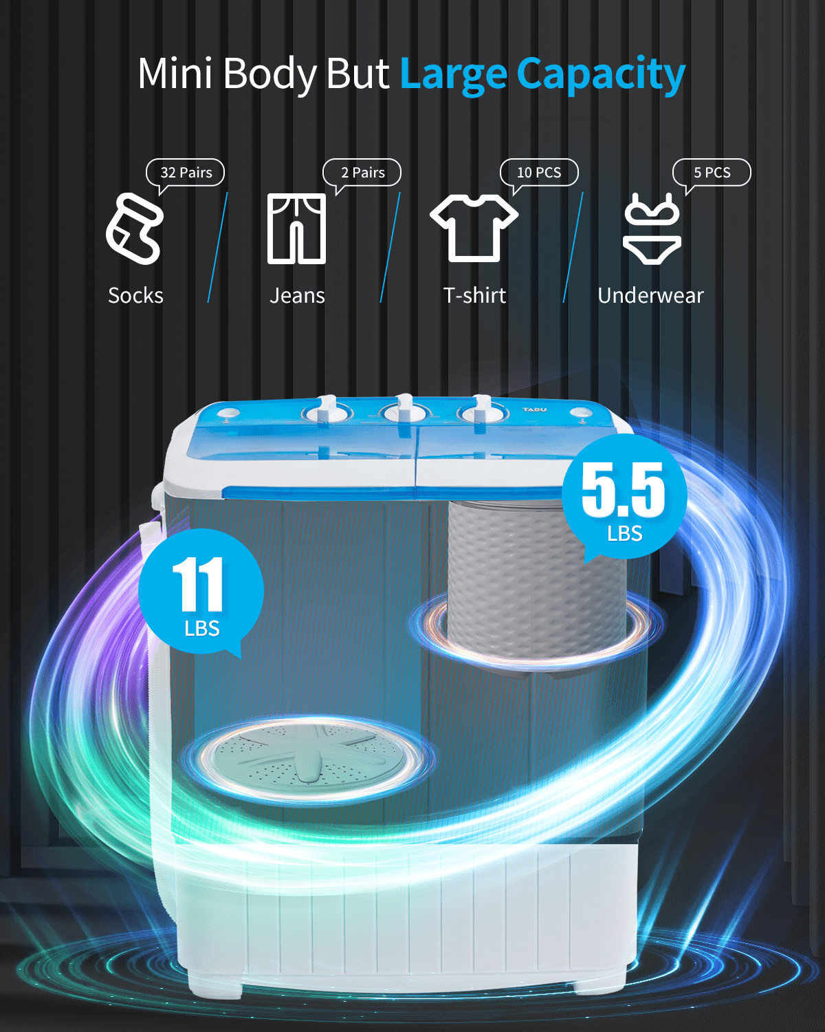 TABU 16.5lbs Portable Washing Machine, Electric Twin Tub Wash&Spin Combo,Semi-Automatic Washer,White&Blue