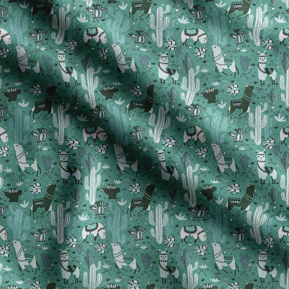 Soimoi Llama Alpaca Print, Silk Fabric, Decor Sewing Fabric by The Yard 42 Inch Wide,Decorative Fabric for Shirts Suits Ties, Teal Green
