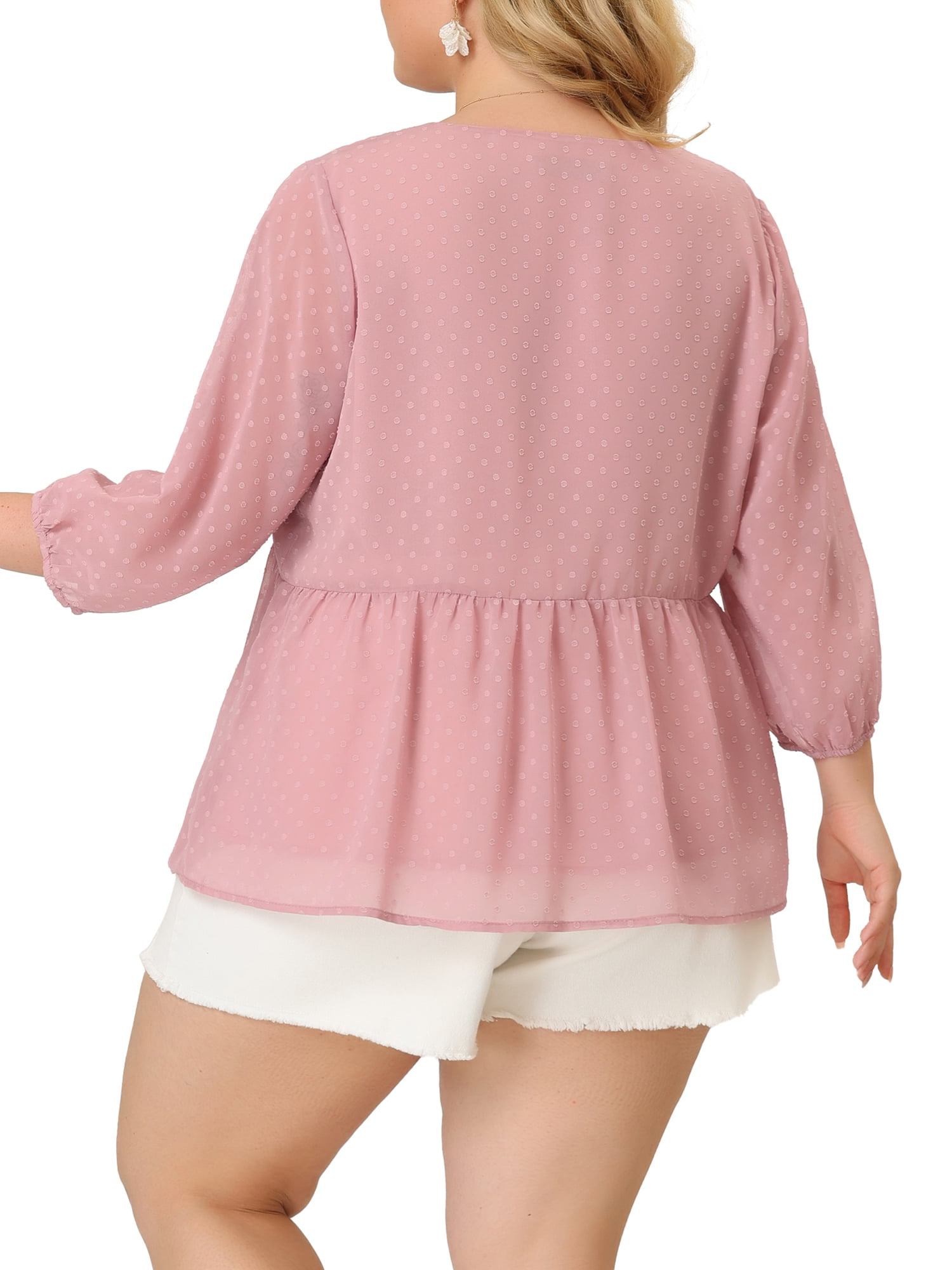Unique Bargains Juniors' Plus Size Chiffon Tops Babydoll Long Sleeve Swiss Dots Blouses Pink 3X