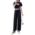 thumbnail image 3 of Pantalones Anchos de Punto Gofre para Mujer, con Cintura Elástica Alta y Cordón Ajustable. Negro M, 3 of 10
