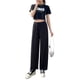 thumbnail image 3 of Pantalones Anchos de Punto Gofre para Mujer, con Cintura Elástica Alta y Cordón Ajustable. Negro M, 3 of 10