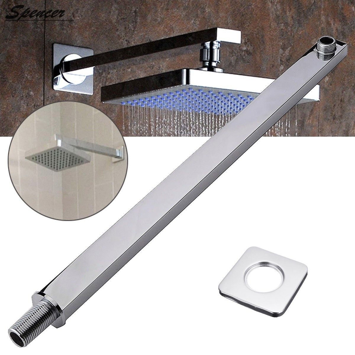 16" Stainless Steel Square Rainfall Shower Head Wall Mounted Extension Arm 40cm 