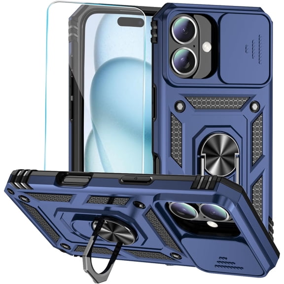 XIHAMA for iPhone 16 Case with HD Screen Protector & Slide Camera Cover & Rotated Ring Kickstand, [Military-Grade] Phone Case for iPhone 16 (6.1‘’)